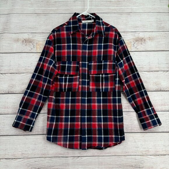 MNML Plaid Flannel Shirt Men's‎ Size XS Blue/Red/White - Picture 1 of 6
